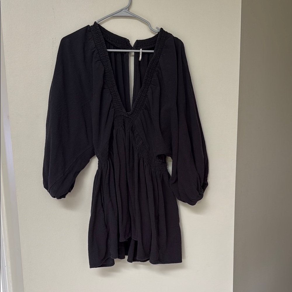 Free People Black Plunge Bishop Sleeve Mini Dress